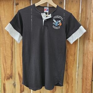 Vintage Charlotte Hornets Black Henley Tee with Grey Trim Swingsters Tag Size M
